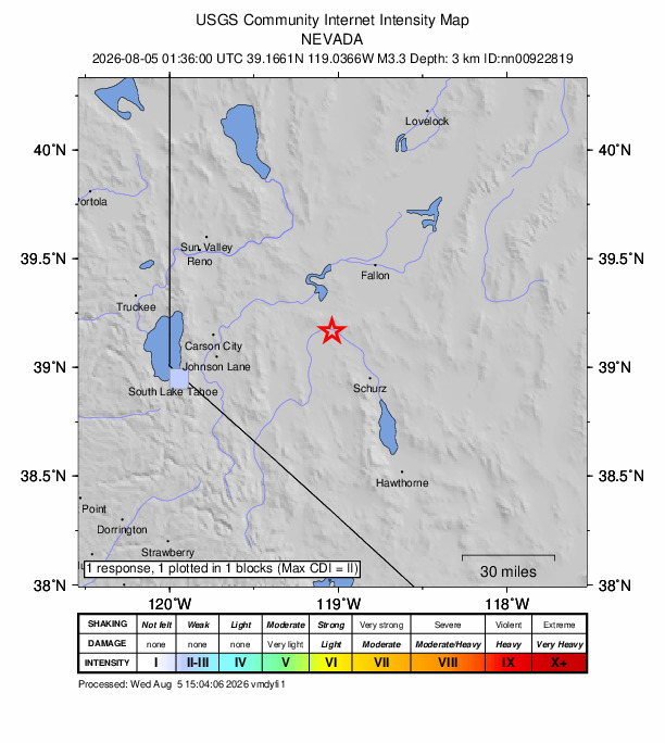 USGS DYFI community-reported intensity map for the M3.3 earthquake near 22 km NNE of Yerington, Nevada