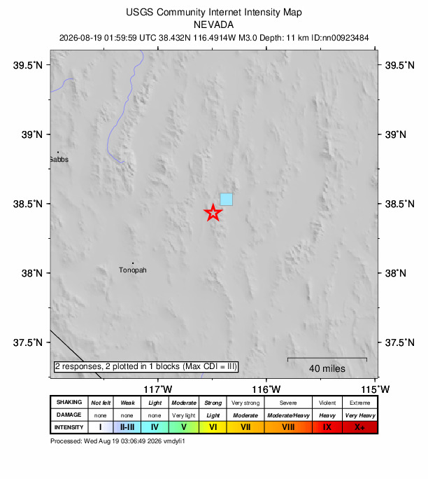 USGS DYFI community-reported intensity map for the M3.0 earthquake near 76 km ENE of Tonopah, Nevada
