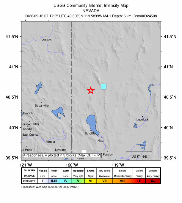 USGS DYFI community-reported intensity map for the M4.1 earthquake near 20 km WSW of Gerlach, Nevada