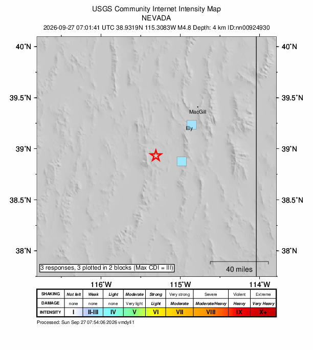 USGS DYFI community-reported intensity map for the M4.8 earthquake near 21 km W of Preston, Nevada