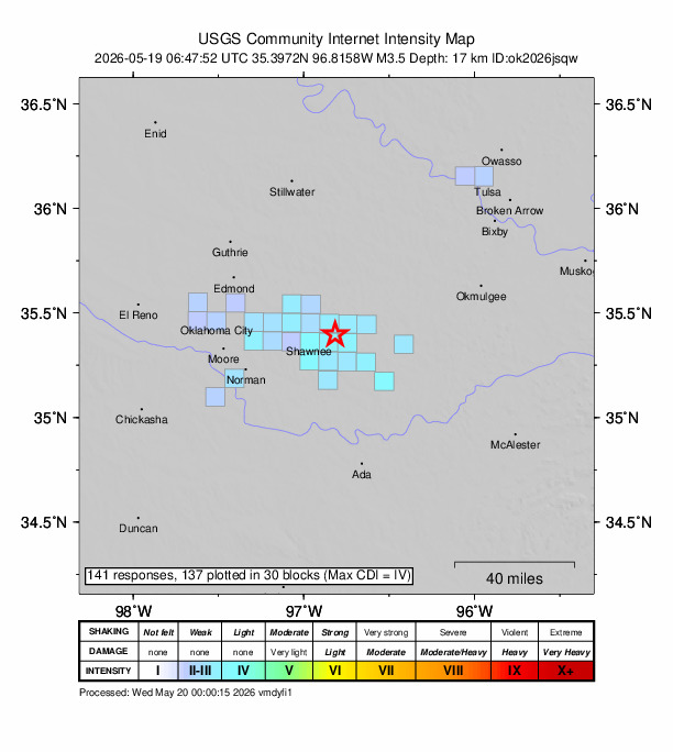 USGS DYFI community-reported intensity map for the M3.5 earthquake near 2 km ESE of Johnson, Oklahoma