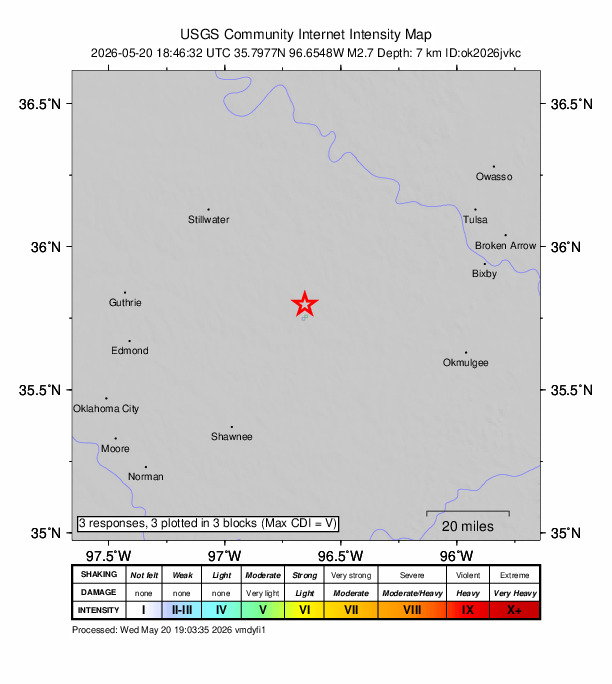 USGS DYFI community-reported intensity map for the M2.7 earthquake near 5 km N of Stroud, Oklahoma