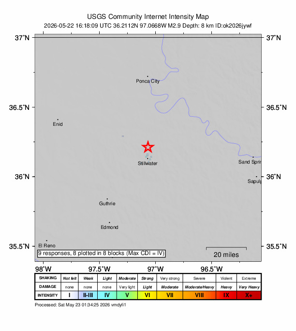 USGS DYFI community-reported intensity map for the M2.9 earthquake near 10 km N of Stillwater, Oklahoma