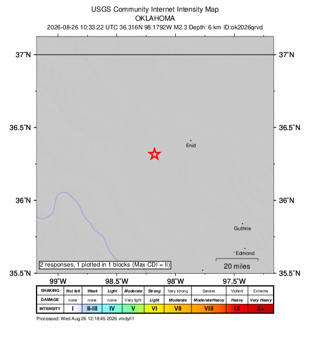 USGS DYFI community-reported intensity map for the M2.3 earthquake near 7 km S of Meno, Oklahoma