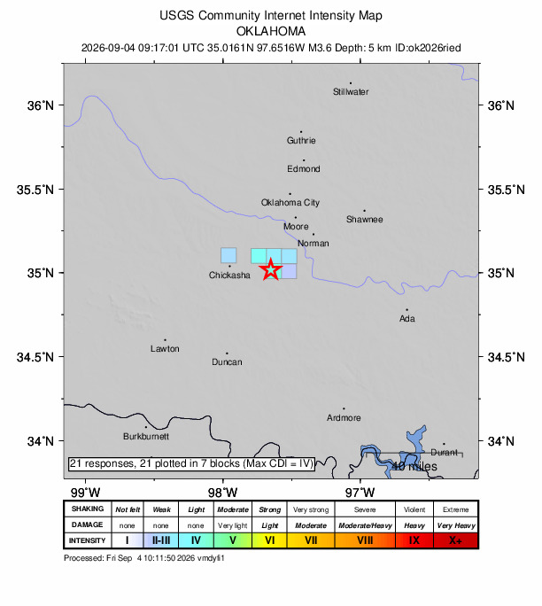 USGS DYFI community-reported intensity map for the M3.6 earthquake near 2 km SW of Dibble, Oklahoma