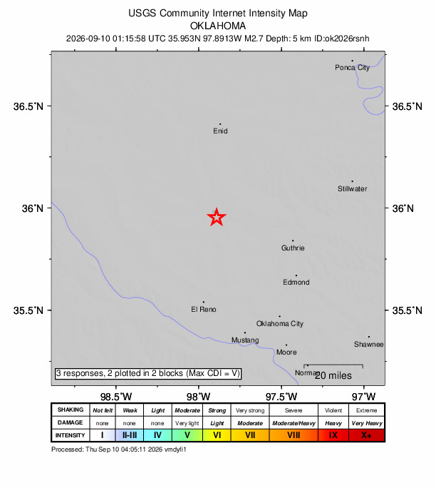 USGS DYFI community-reported intensity map for the M2.7 earthquake near 3 km SSE of Dover, Oklahoma
