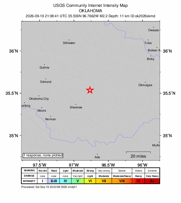 USGS DYFI community-reported intensity map for the M2.2 earthquake near 9 km NW of Prague, Oklahoma
