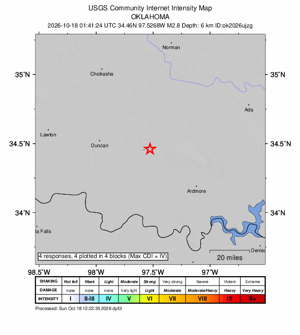 USGS DYFI community-reported intensity map for the M2.8 earthquake near 2 km NW of Ratliff City, Oklahoma