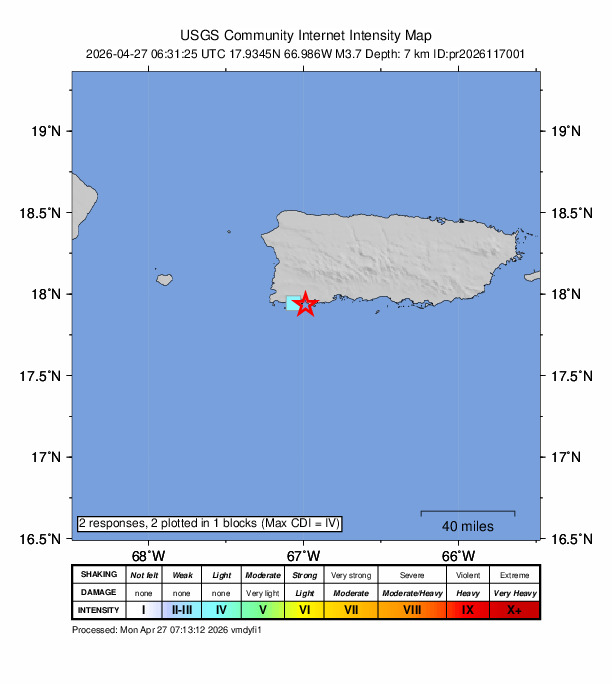 USGS DYFI community-reported intensity map for the M3.7 earthquake near 7 km SE of La Parguera, Puerto Rico