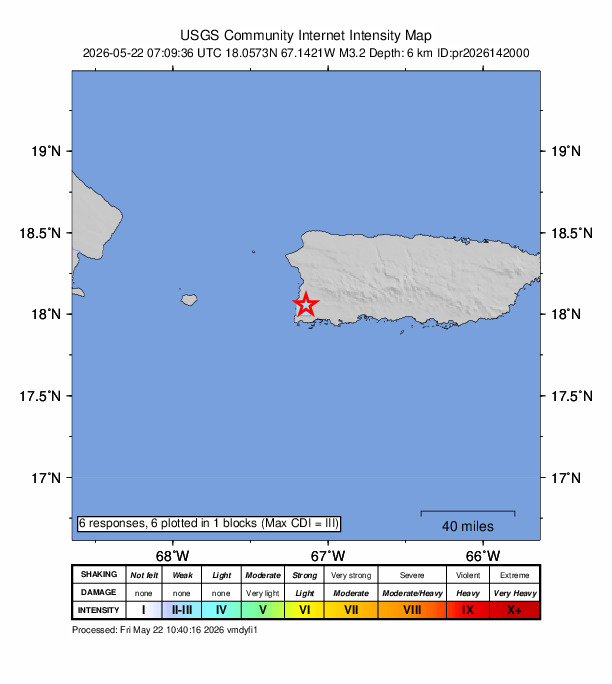USGS DYFI community-reported intensity map for the M3.2 earthquake near 3 km S of Cabo Rojo, Puerto Rico