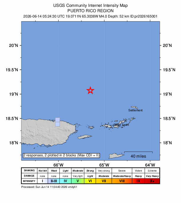 USGS DYFI community-reported intensity map for the M4.0 earthquake near 85 km N of Culebra, Puerto Rico
