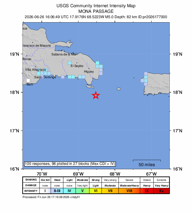 USGS DYFI community-reported intensity map for the M5.0 earthquake near 51 km S of Boca de Yuma, Dominican Republic