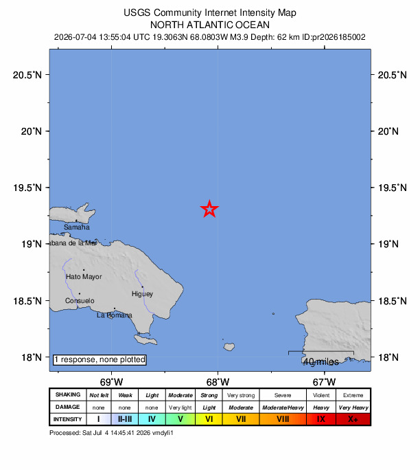 USGS DYFI community-reported intensity map for the M3.9 earthquake near 87 km NNE of Punta Cana, Dominican Republic