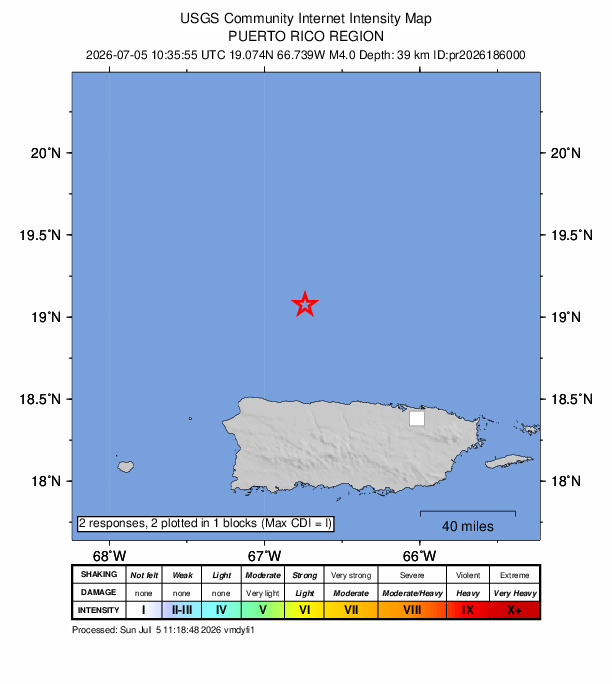 USGS DYFI community-reported intensity map for the M4.0 earthquake near 65 km N of Hatillo, Puerto Rico