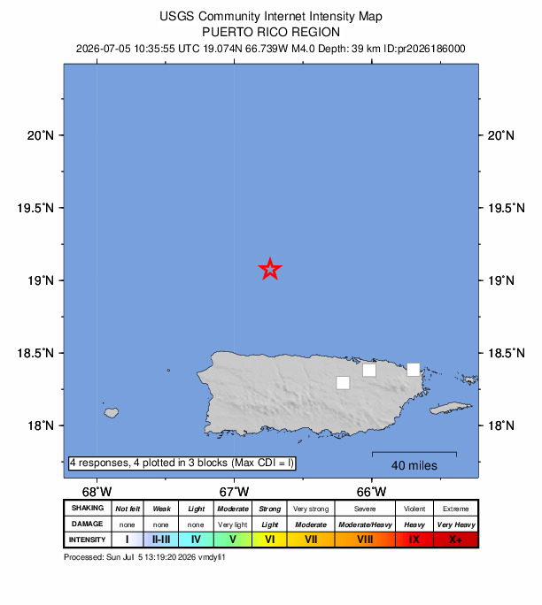 USGS DYFI community-reported intensity map for the M4.0 earthquake near 65 km N of Hatillo, Puerto Rico