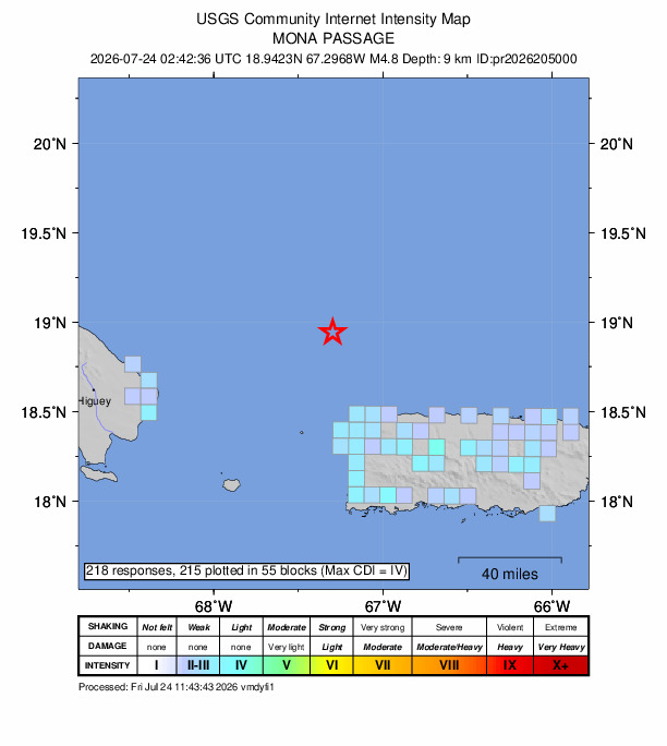 USGS DYFI community-reported intensity map for the M4.8 earthquake near 54 km NNW of San Antonio, Puerto Rico