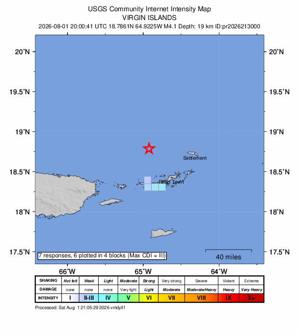 USGS DYFI community-reported intensity map for the M4.1 earthquake near 49 km N of Charlotte Amalie, U.S. Virgin Islands