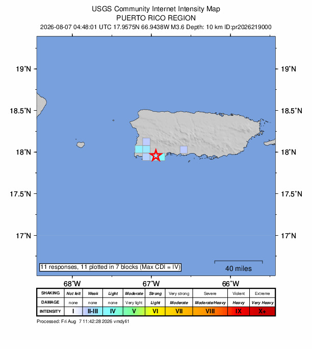 USGS DYFI community-reported intensity map for the M3.6 earthquake near 4 km WSW of Guánica, Puerto Rico