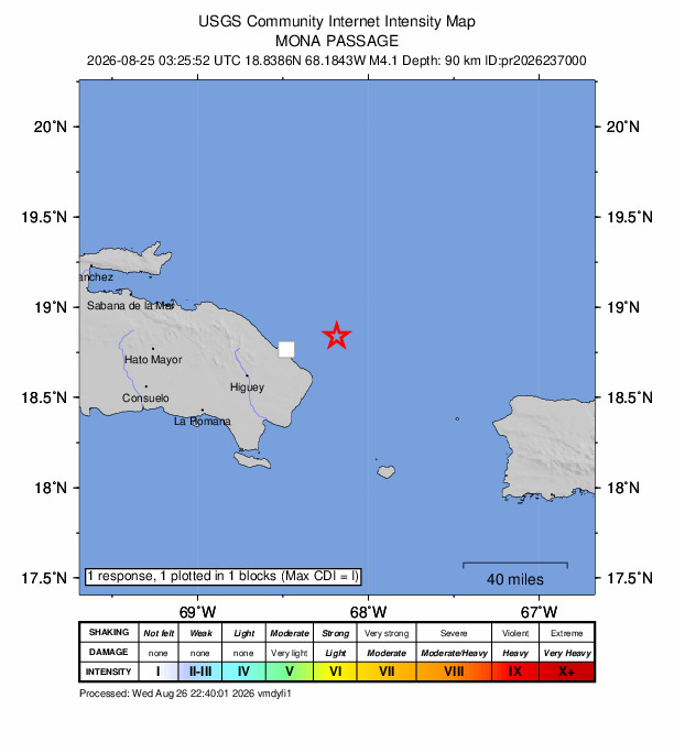 USGS DYFI community-reported intensity map for the M4.1 earthquake near 36 km NE of Punta Cana, Dominican Republic