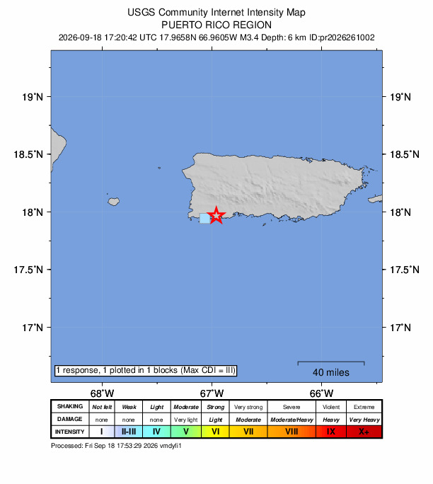 USGS DYFI community-reported intensity map for the M3.4 earthquake near 5 km WSW of Fuig, Puerto Rico