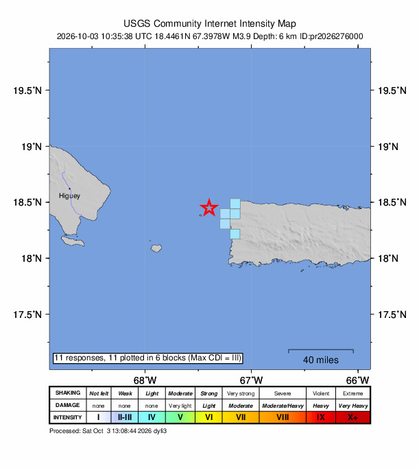 USGS DYFI community-reported intensity map for the M3.9 earthquake near 19 km NW of Rincón, Puerto Rico
