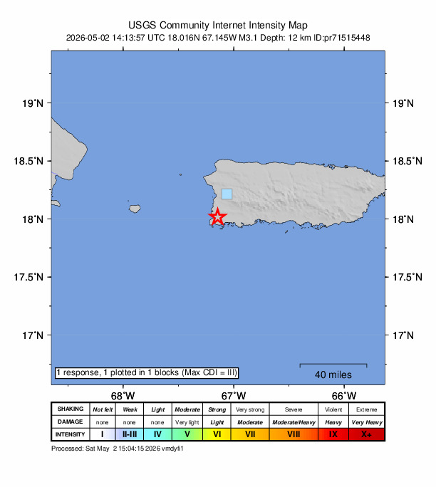 USGS DYFI community-reported intensity map for the M3.1 earthquake near 2 km ESE of Boquerón, Puerto Rico