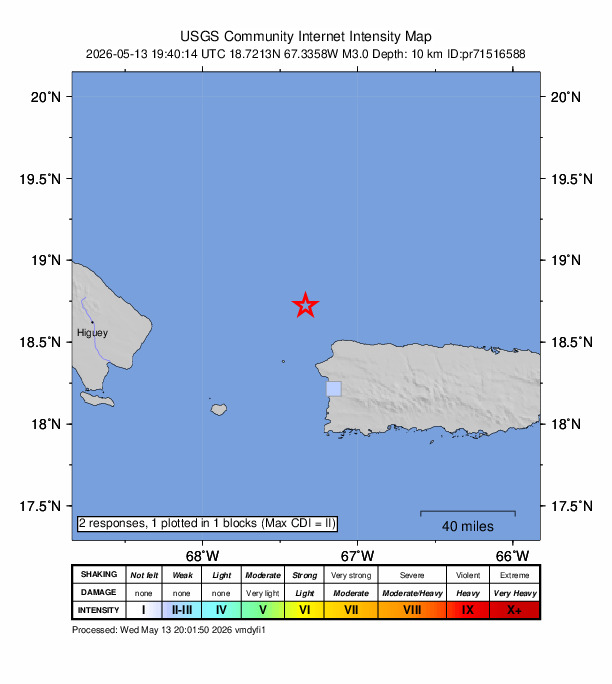 USGS DYFI community-reported intensity map for the M3.0 earthquake near 35 km NW of San Antonio, Puerto Rico