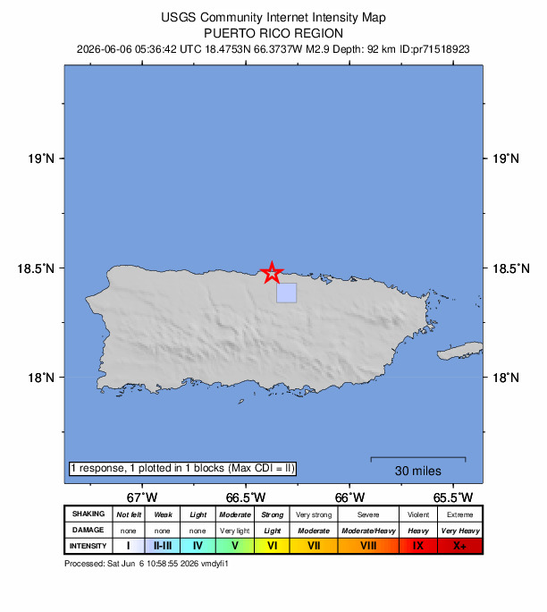USGS DYFI community-reported intensity map for the M2.9 earthquake near 2 km NW of Sabana, Puerto Rico