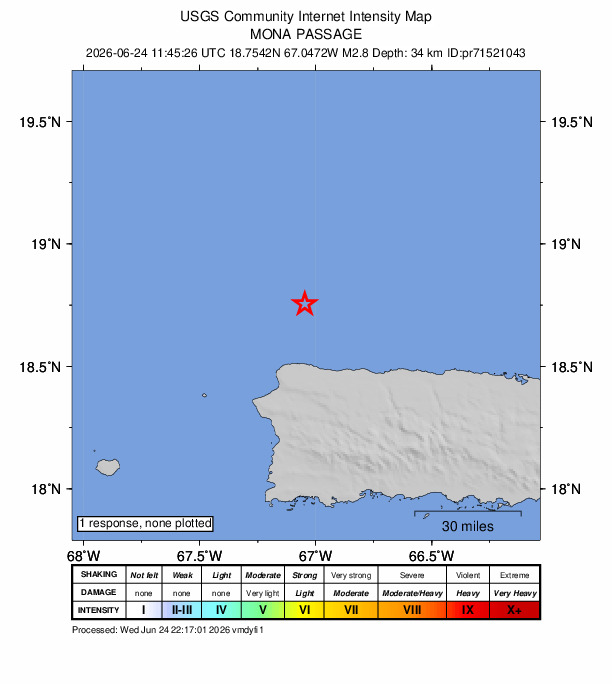 USGS DYFI community-reported intensity map for the M2.8 earthquake near 28 km N of Isabela, Puerto Rico