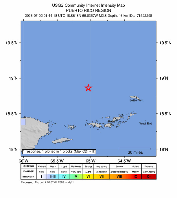 USGS DYFI community-reported intensity map for the M2.8 earthquake near 58 km N of Charlotte Amalie, U.S. Virgin Islands
