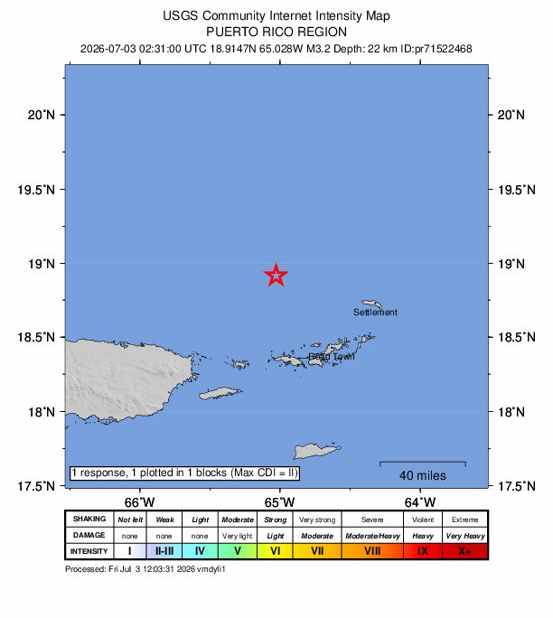 USGS DYFI community-reported intensity map for the M3.2 earthquake near 64 km N of Charlotte Amalie, U.S. Virgin Islands