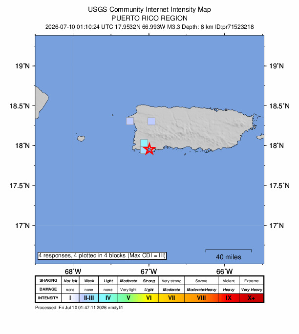 USGS DYFI community-reported intensity map for the M3.3 earthquake near 6 km ESE of La Parguera, Puerto Rico