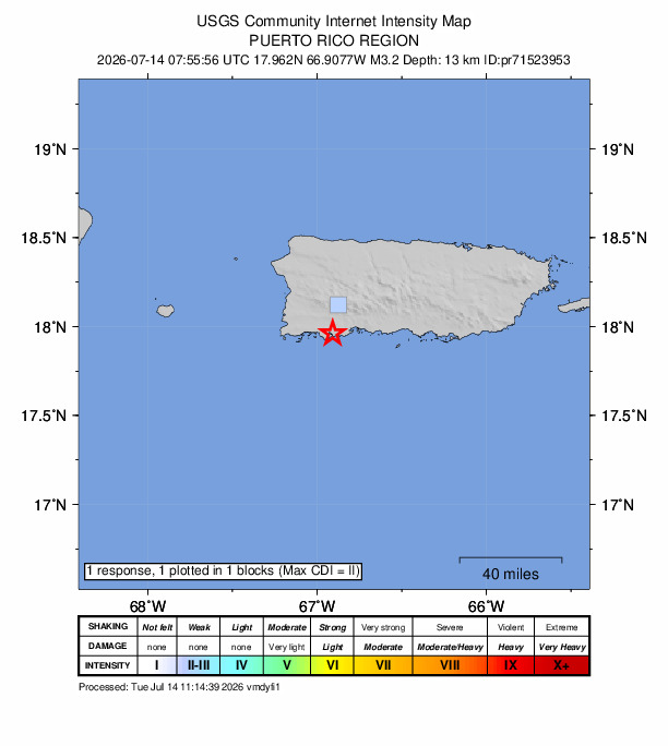 USGS DYFI community-reported intensity map for the M3.2 earthquake near 1 km S of Guánica, Puerto Rico