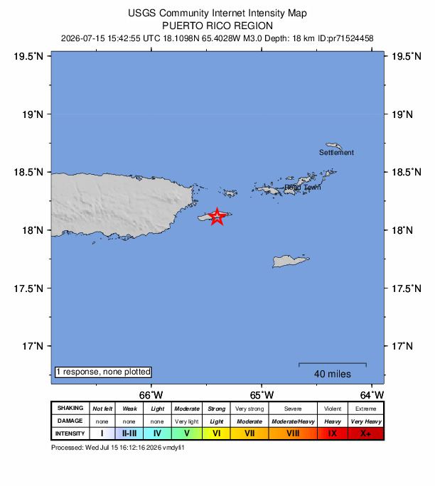 USGS DYFI community-reported intensity map for the M3.0 earthquake near 6 km SE of Isabel Segunda, Puerto Rico