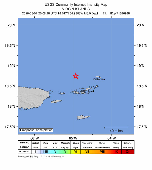 USGS DYFI community-reported intensity map for the M3.0 earthquake near 44 km N of Charlotte Amalie, U.S. Virgin Islands