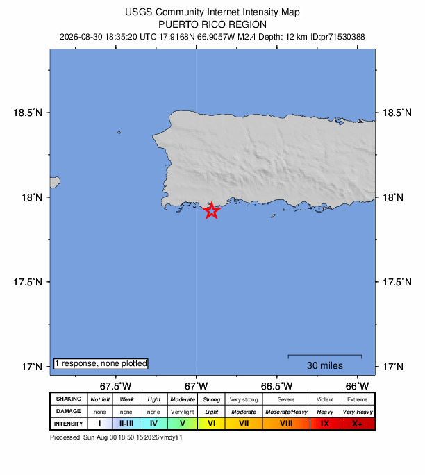 USGS DYFI community-reported intensity map for the M2.4 earthquake near 6 km S of Guánica, Puerto Rico