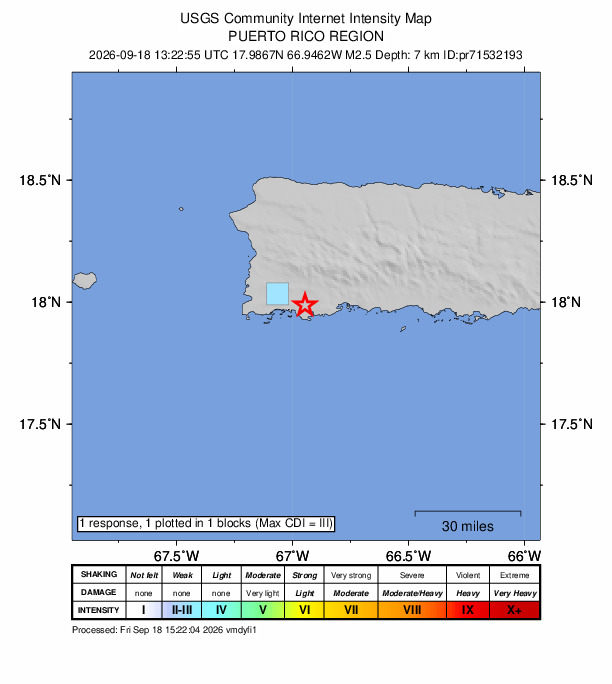 USGS DYFI community-reported intensity map for the M2.5 earthquake near 3 km W of Fuig, Puerto Rico