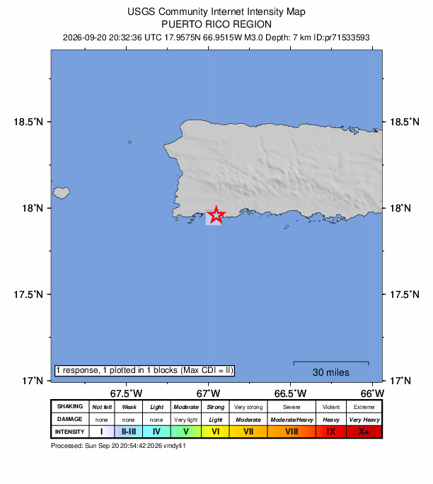 USGS DYFI community-reported intensity map for the M3.0 earthquake near 4 km WSW of Guánica, Puerto Rico