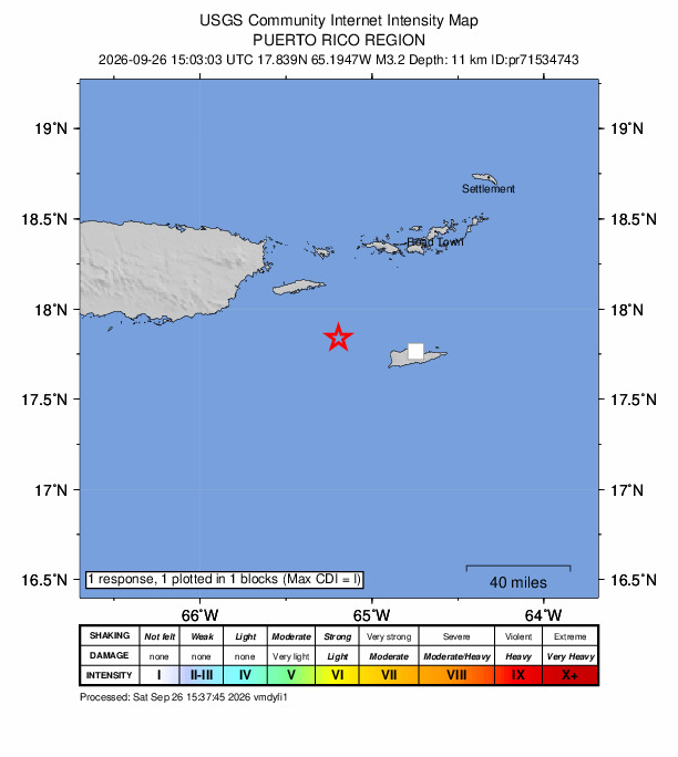 USGS DYFI community-reported intensity map for the M3.2 earthquake near 40 km SE of Esperanza, Puerto Rico