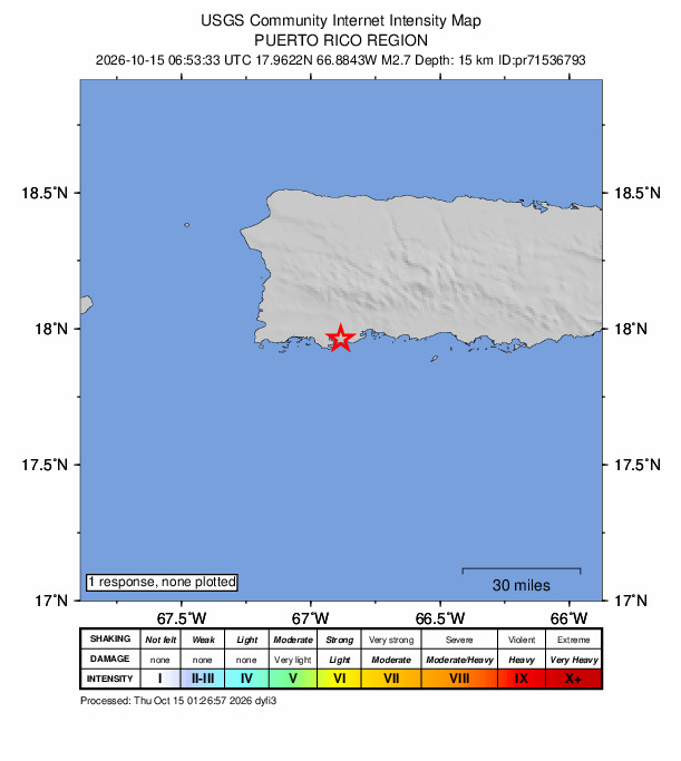 USGS DYFI community-reported intensity map for the M2.7 earthquake near 1 km SSE of Maria Antonia, Puerto Rico