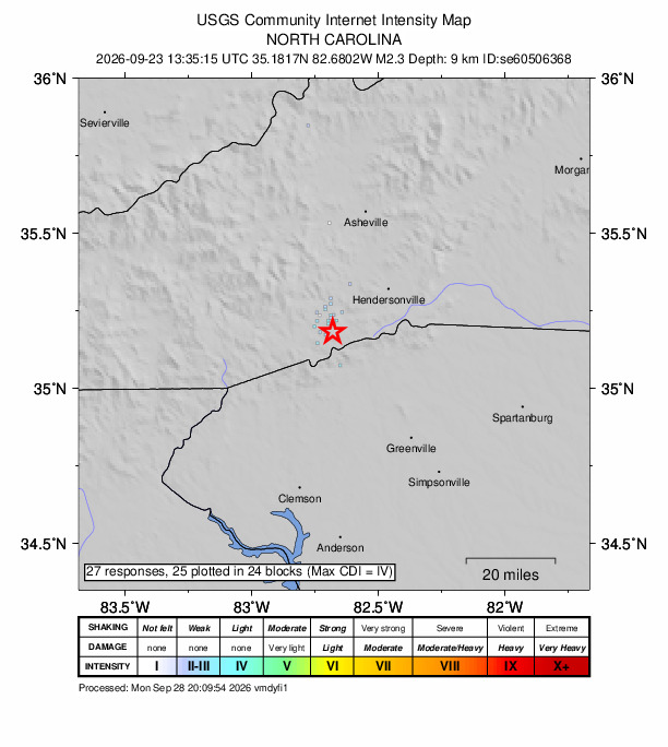 USGS DYFI community-reported intensity map for the M2.3 earthquake near 7 km SE of Brevard, North Carolina