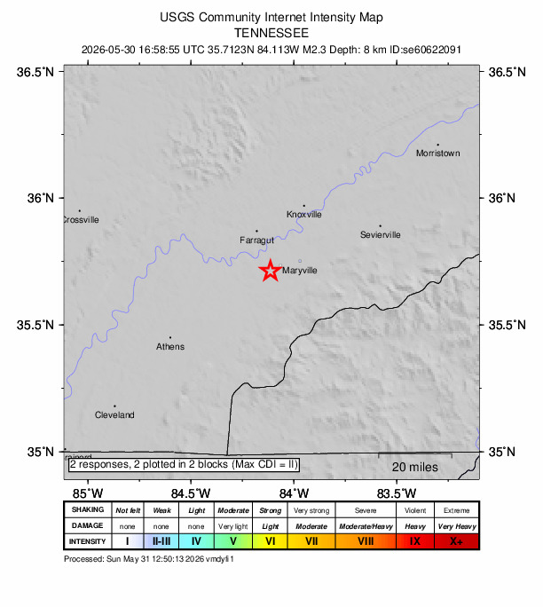 USGS DYFI community-reported intensity map for the M2.4 earthquake near 5 km SSE of Friendsville, Tennessee