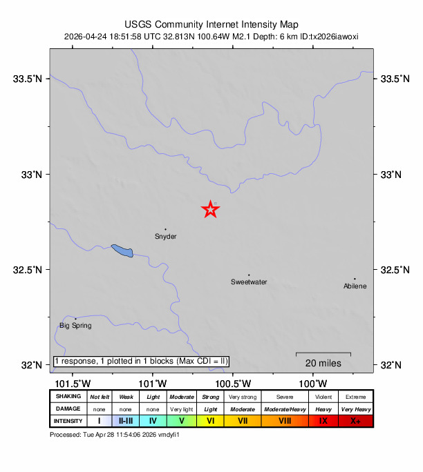 USGS DYFI community-reported intensity map for the M2.1 earthquake near 16 km WSW of Rotan, Texas