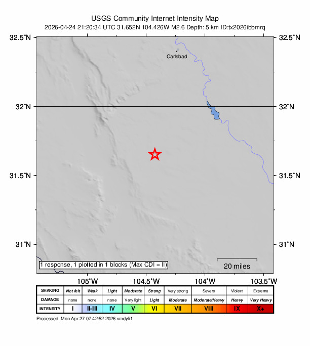 USGS DYFI community-reported intensity map for the M2.6 earthquake near 58 km S of Whites City, New Mexico