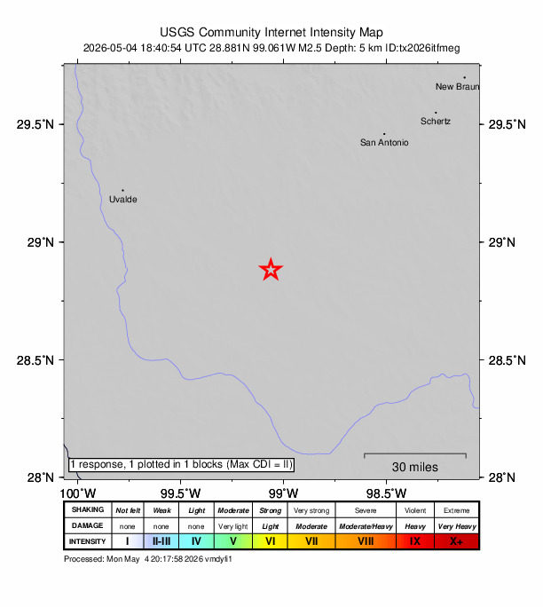 USGS DYFI community-reported intensity map for the M2.5 earthquake near 3 km ESE of Pearsall, Texas
