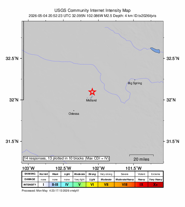 USGS DYFI community-reported intensity map for the M2.5 earthquake near 10 km N of Midland, Texas