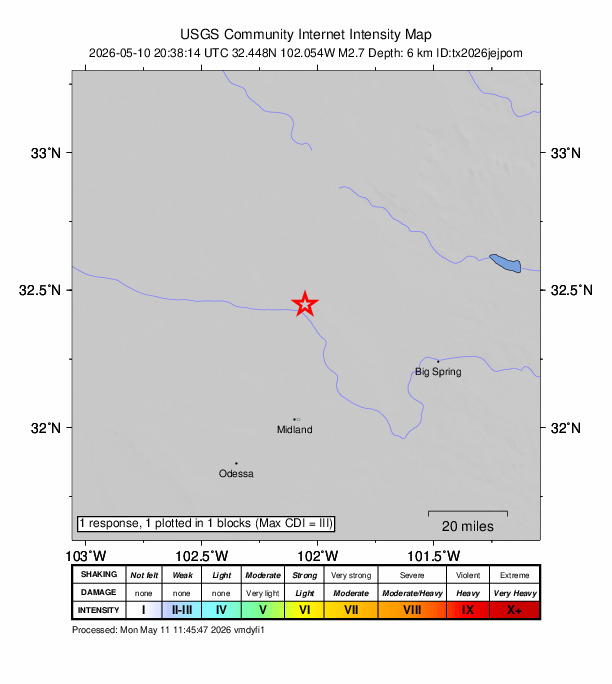 USGS DYFI community-reported intensity map for the M2.7 earthquake near 32 km SSW of Los Ybanez, Texas