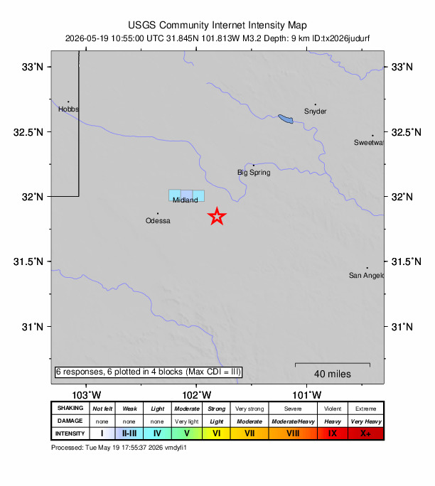 USGS DYFI community-reported intensity map for the M3.2 earthquake near 30 km SE of Midland, Texas