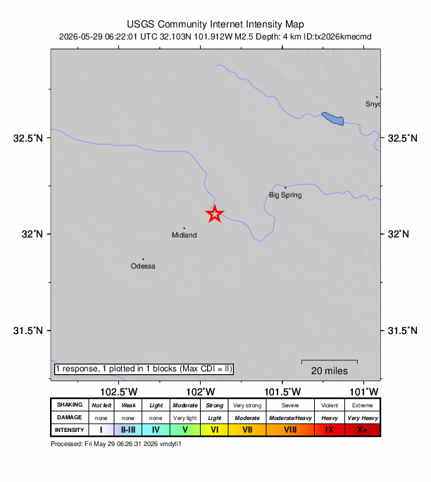 USGS DYFI community-reported intensity map for the M2.6 earthquake near 12 km WSW of Stanton, Texas