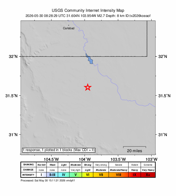 USGS DYFI community-reported intensity map for the M2.7 earthquake near 35 km WSW of Mentone, Texas